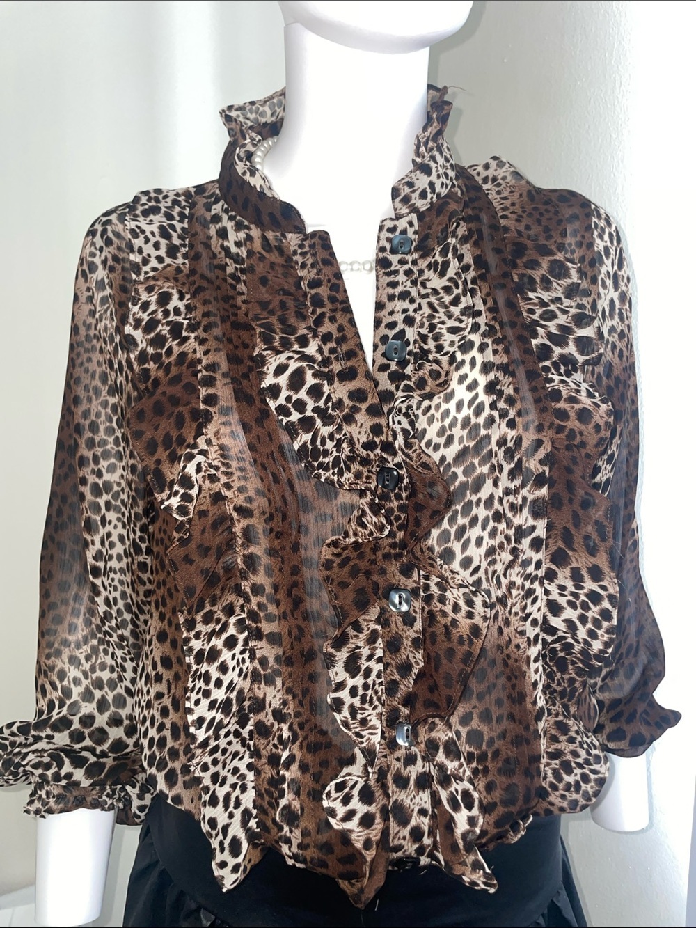 Isabella Rodriguez Leopard Print Ruffle Blouse Chiffon Sheer Top Sz L